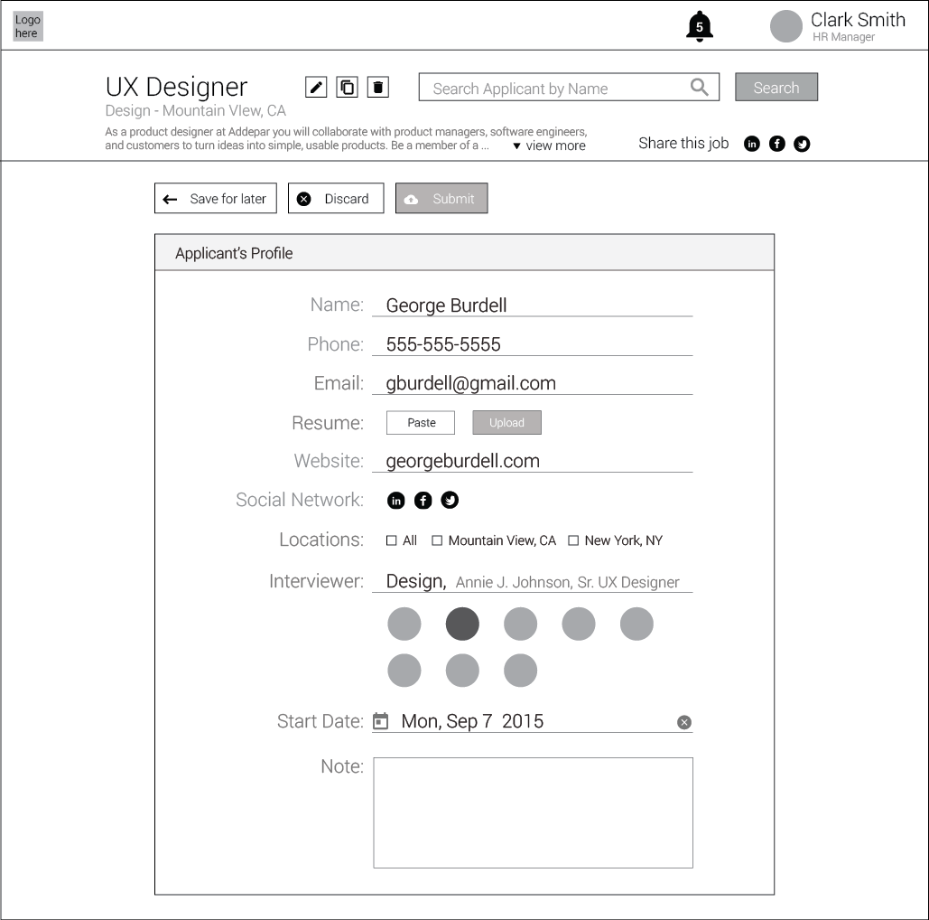 Add candidate's resume, profile, notes, and assign reviewer