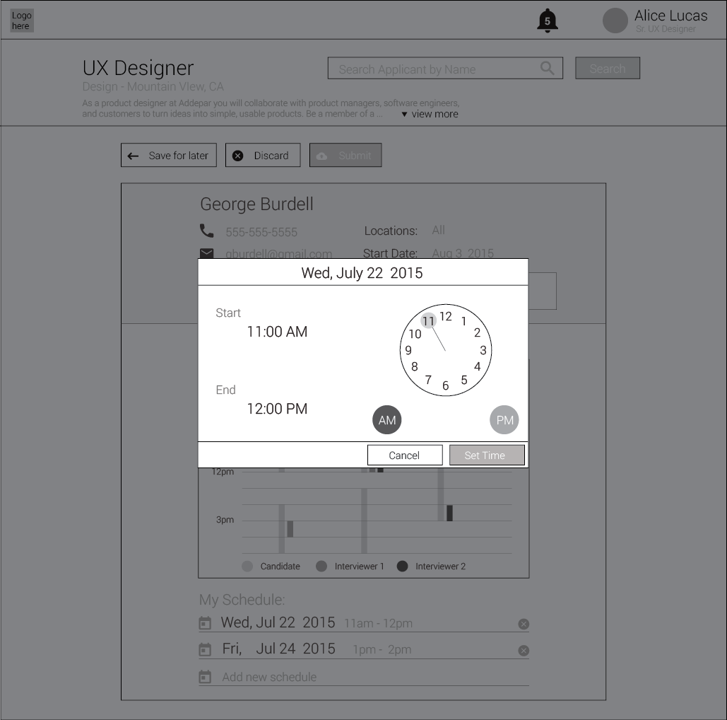 Enter interviewer's availability (start time, end time, and date)