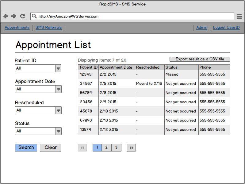 Lo-fi mockup for Appointment SMS Service - Desktop View