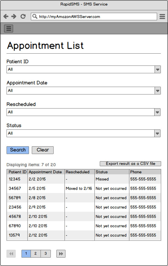 Lo-fi mockup for Appointment SMS Service - Mobile View