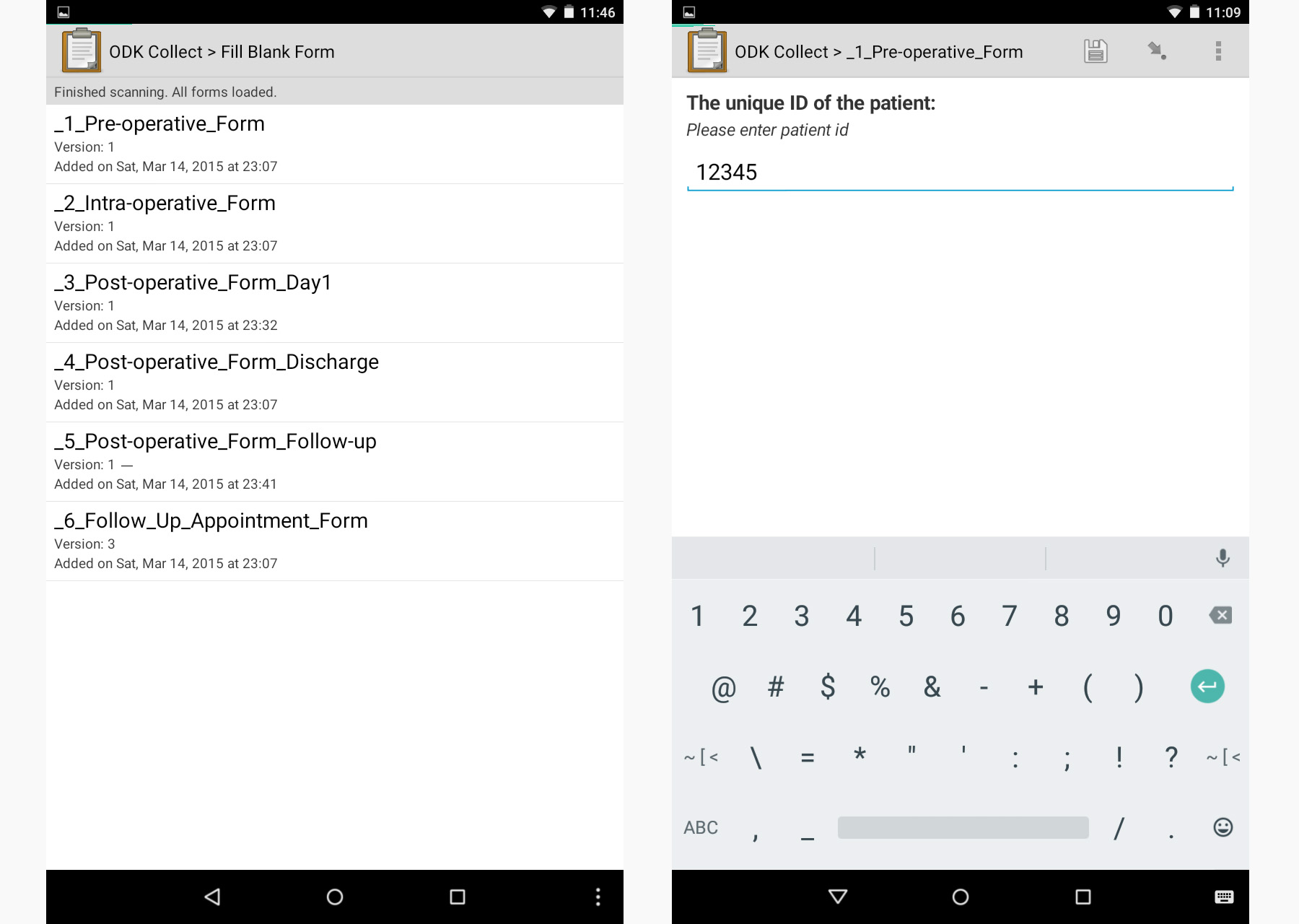 ODK Collect - Blank form list screen and Patient ID screen