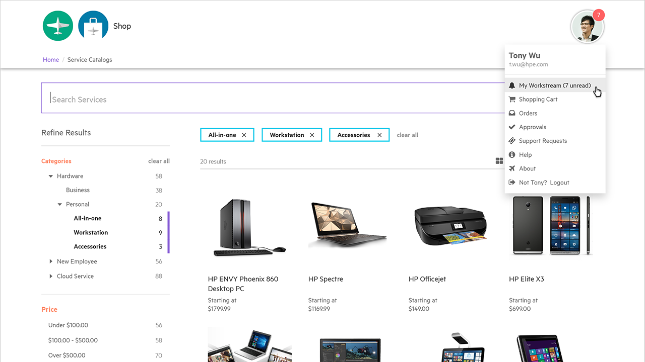 Users access My Workstream from avatar dropdown.