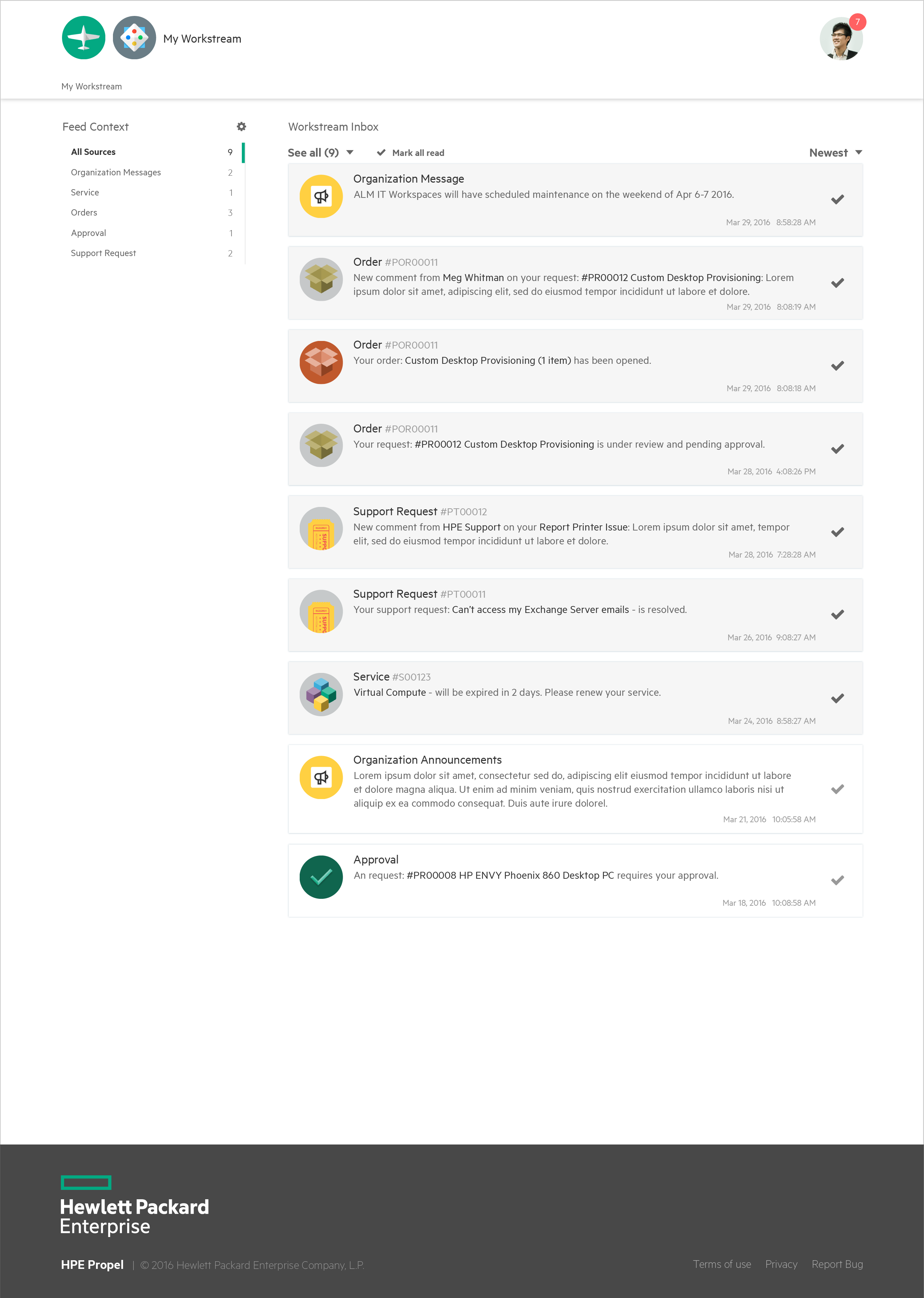 Workstream Inbox - users can filter feeds by source, unread/read and sort by time.