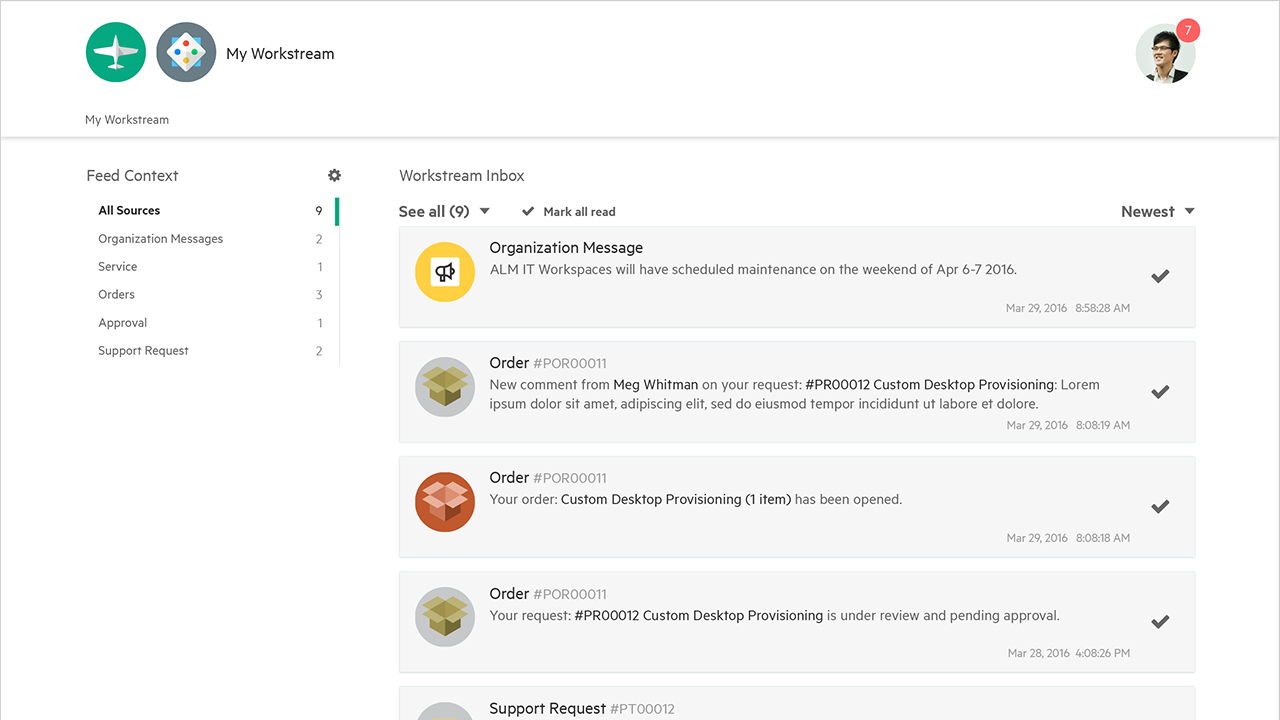 Workstream Inbox - users can filter feeds by source, unread/read and sort by time.
