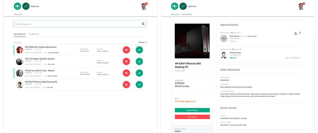 Approvals - Approval List screen and Approval Details screen.