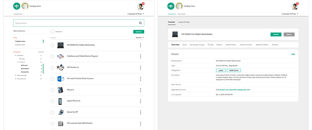 Catalog Items - List View and Details View.