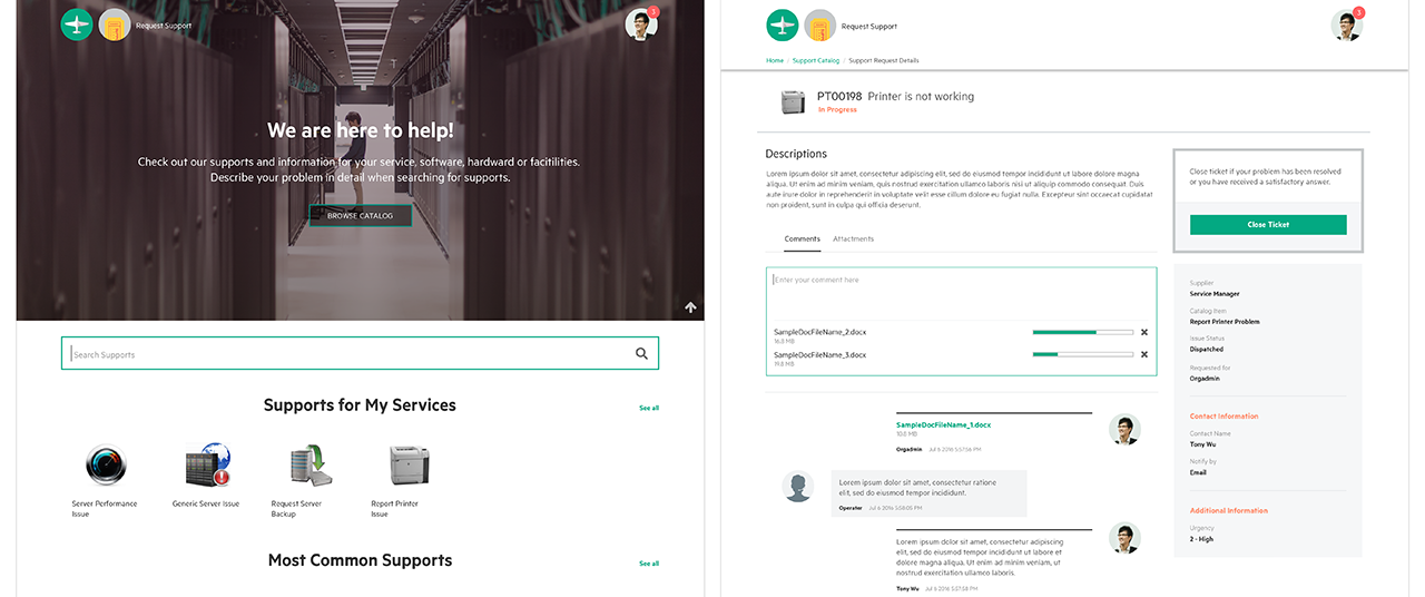 Request Support - Home screen and Support Request Details screen.