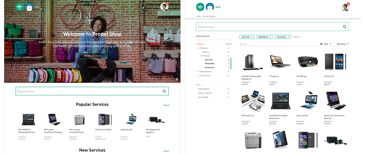 Shop - Home screen and Service Catalogs screen.