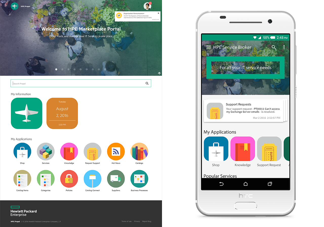 Mobile home screen - version 1: Leverage HPE Propel launchpad design (better learnability but
										less innovative).