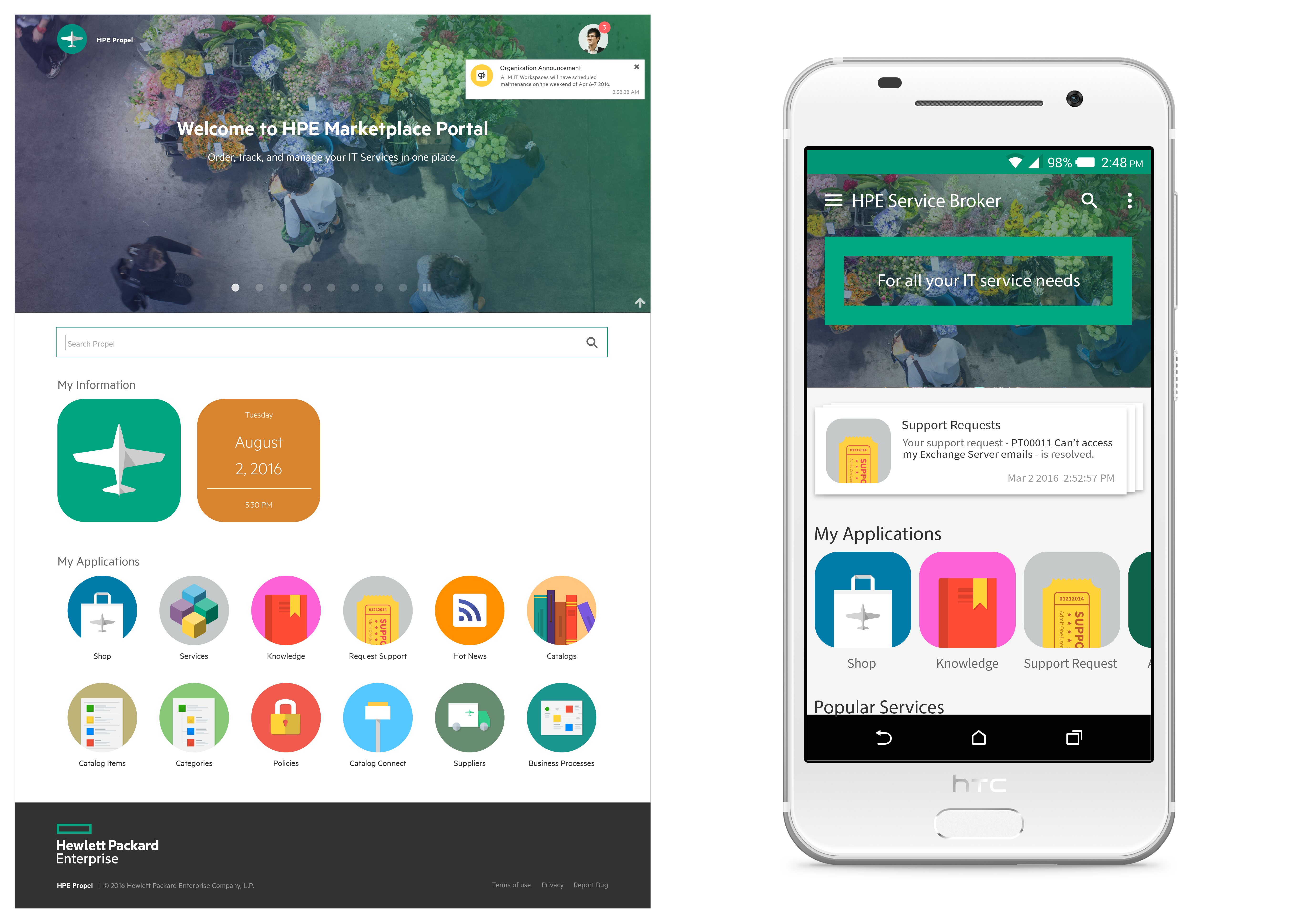 Mobile home screen - version 1: Leverage HPE Propel launchpad design (better learnability but less innovative).