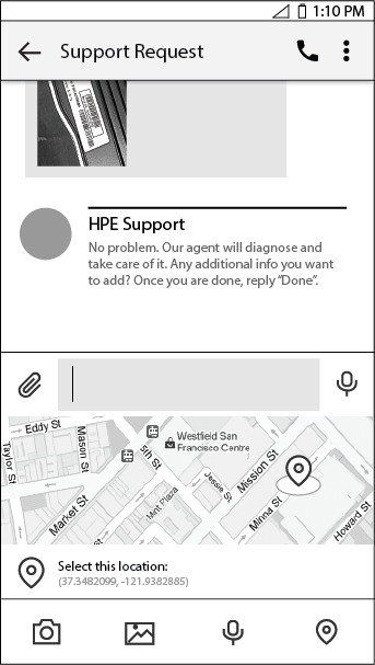 Wireframe, Intelligent assistant prompt questions to help users avoid typing on mobile.